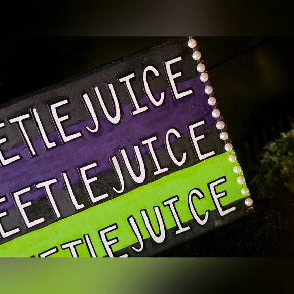 Handmade Solid 1" Wooden Beetlejuice Hanging Sign Decor Black Green Purple - Picture 7 of 11